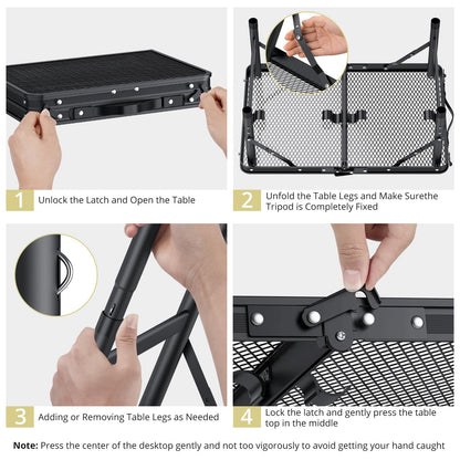 Anbte Folding Grill Table, Aluminum Camping Table Adjustable Height Max 27.5" Picnic Table Outdoor Table, Lightweight, Portable Handle for Travel Cooking BBQ Picnic, 22.8" x 16", Black