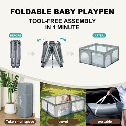 Foldable Playpen with Detachable Thicken Mat,50x50 Inches Portable Playpen,Collapsible Play Pen for Babies and Toddlers,Indoor & Outdoor Baby Fence Play Area,Cold Gray