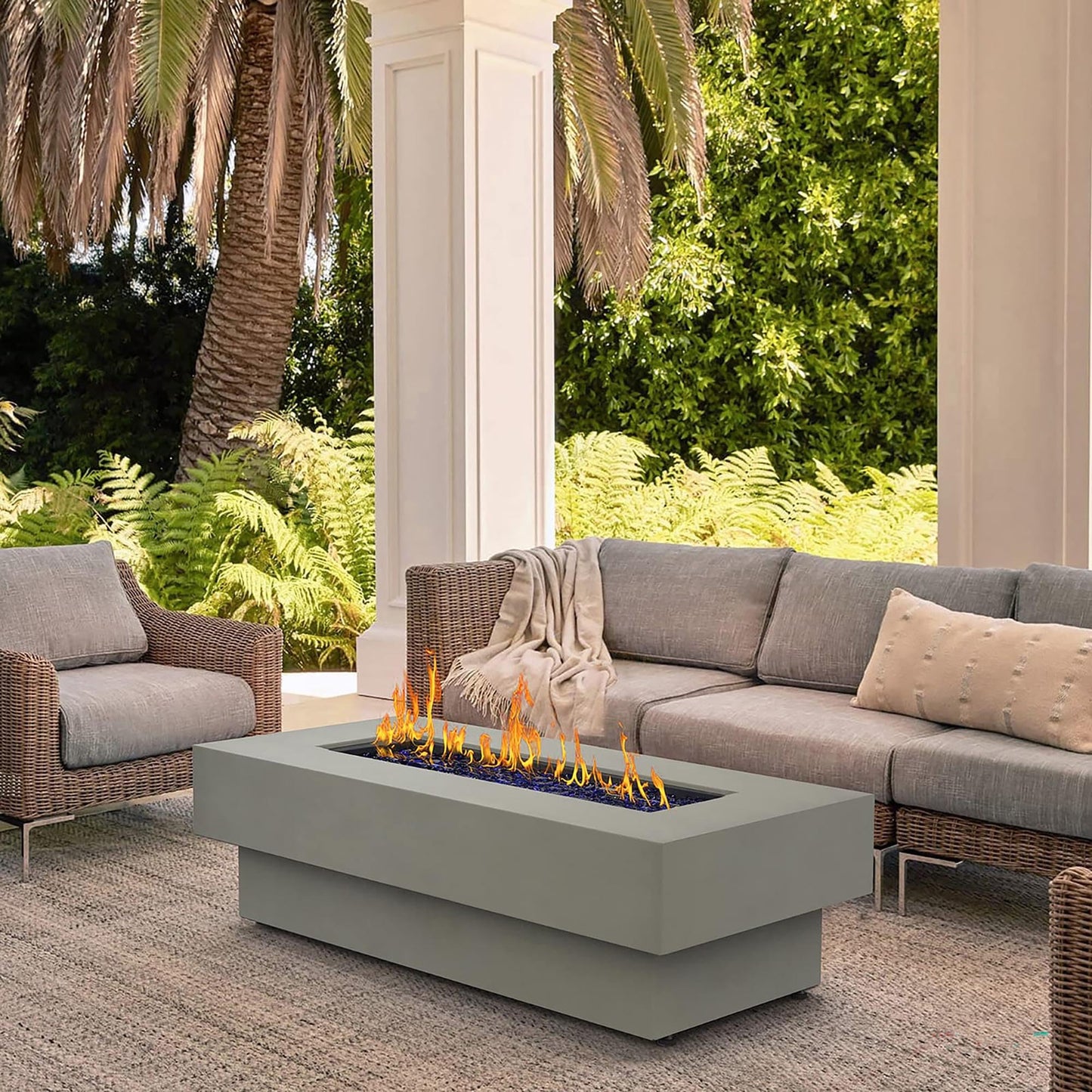 Outdoor Low Profile Fire Table, 48-inch Rectangle Propane Gas Fire Pit Table, 50,000 BTU Modern Firepit w/Lid, Glass Rocks, Cover, Pre-Attached 10ft Propane Hose, Flint Gray