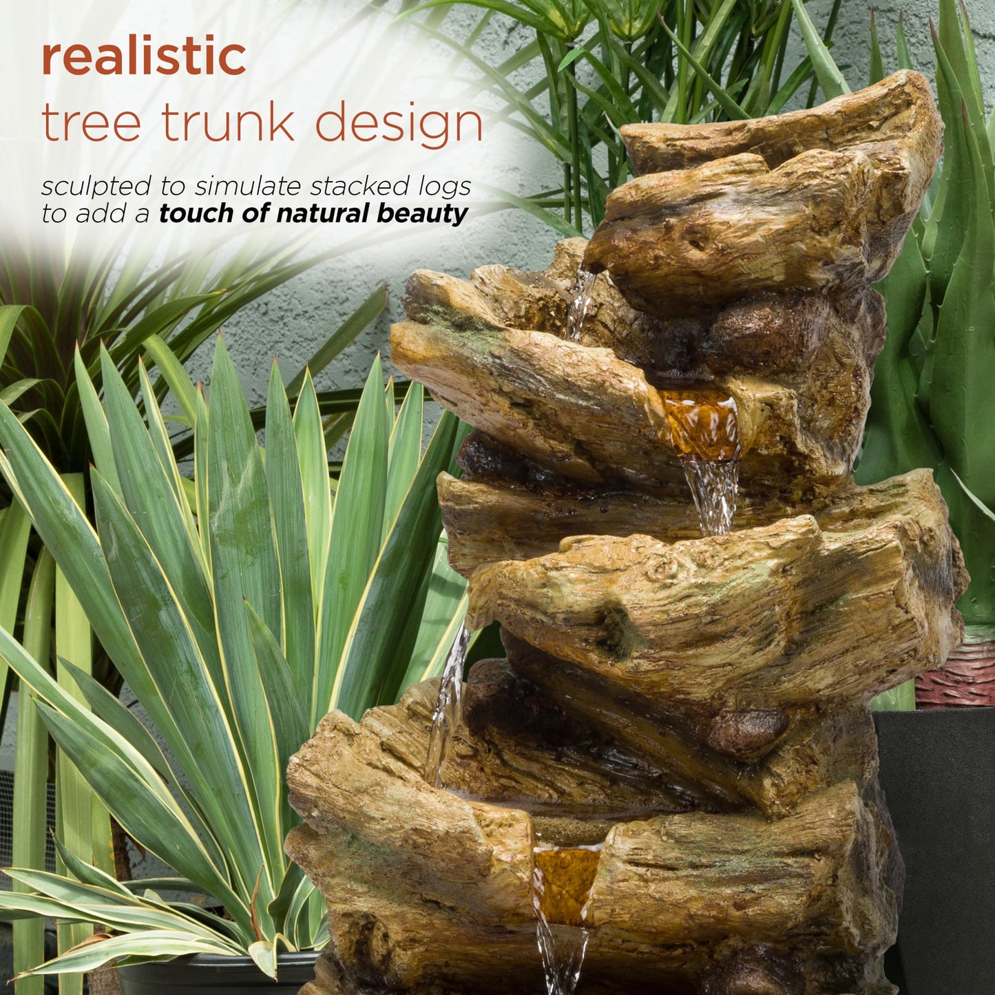 Alpine Corporation TZL226 Outdoor 4 Tier Log Tree Trunk Waterfall Floor Fountain with LED Lights, Tiered Garden Décor, 24" H, Brown