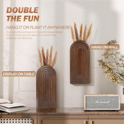 EOSAHR Pine Wood Set of 2 Wall Vases for Indoor Plants & Flowers – Farmhouse Wall Art for Living Room, Office and Home Decor – Hanging Planters with Boho Decor for Fake Plants (Brown)