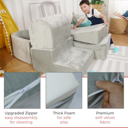 Foam Climbing Blocks for Toddlers – Indoor Soft Play Set for Babies - Velvet Cover & High-Density Memory Foam – Baby Climbing Blocks for Motor Skills - Climb and Crawl Activity Play Set for Kids -Gray