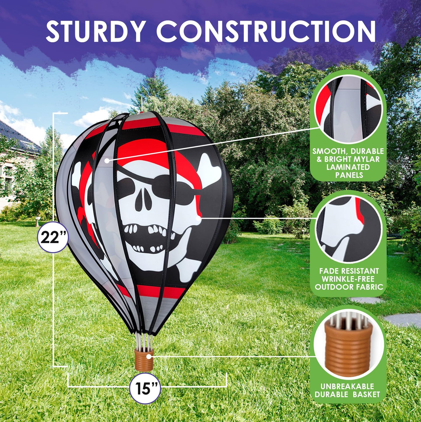 Hot Air Balloon Hanging Garden Spinner 22" - Vibrant Jolly Roger Design, Weather-Resistant Outdoor Decor, Durable & Lightweight for Patios, Yards, and Gardens - Eye-Catching Wind Spinner