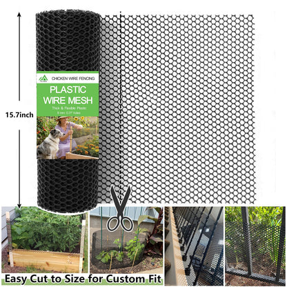 Tilvex 15.7" x 10' Plastic Mesh Fence Roll - Heavy Duty Chicken Wire Mesh Fence - Upgraded Thick Animal Barrier for Garden, Balcony Railing Safety Net, Poultry Netting with 20 Zip Ties, Black