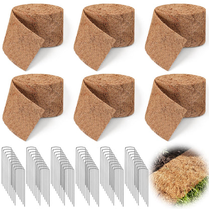Tinideya 6 Pcs Natural Mulch Roll for Landscaping 118'' x 4.5'' Per Roll Coconut Fiber Mulch Mat with 60 U-Shaped Steel Stakes Cuttable Coconut Liner for Garden Edgings Wrap Trunk Planter Pet Pad