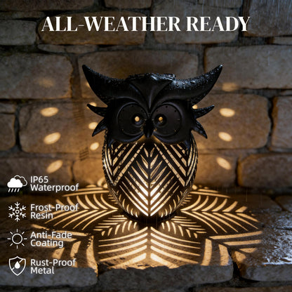 Hanging Owl Solar Lantern, Outdoor Waterproof Metal Solar Lights with Palm Leaf Shadow, Decorative Garden Lanterns for Yard Art Patio Decor, Whimsical Gifts for Women, Black