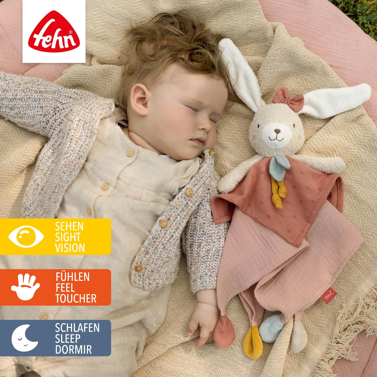 Fehn fehnNATUR rabbit cuddly toy, play companion and soft toy made of organic cotton with dummy chain, for babies and toddlers from 0+ months