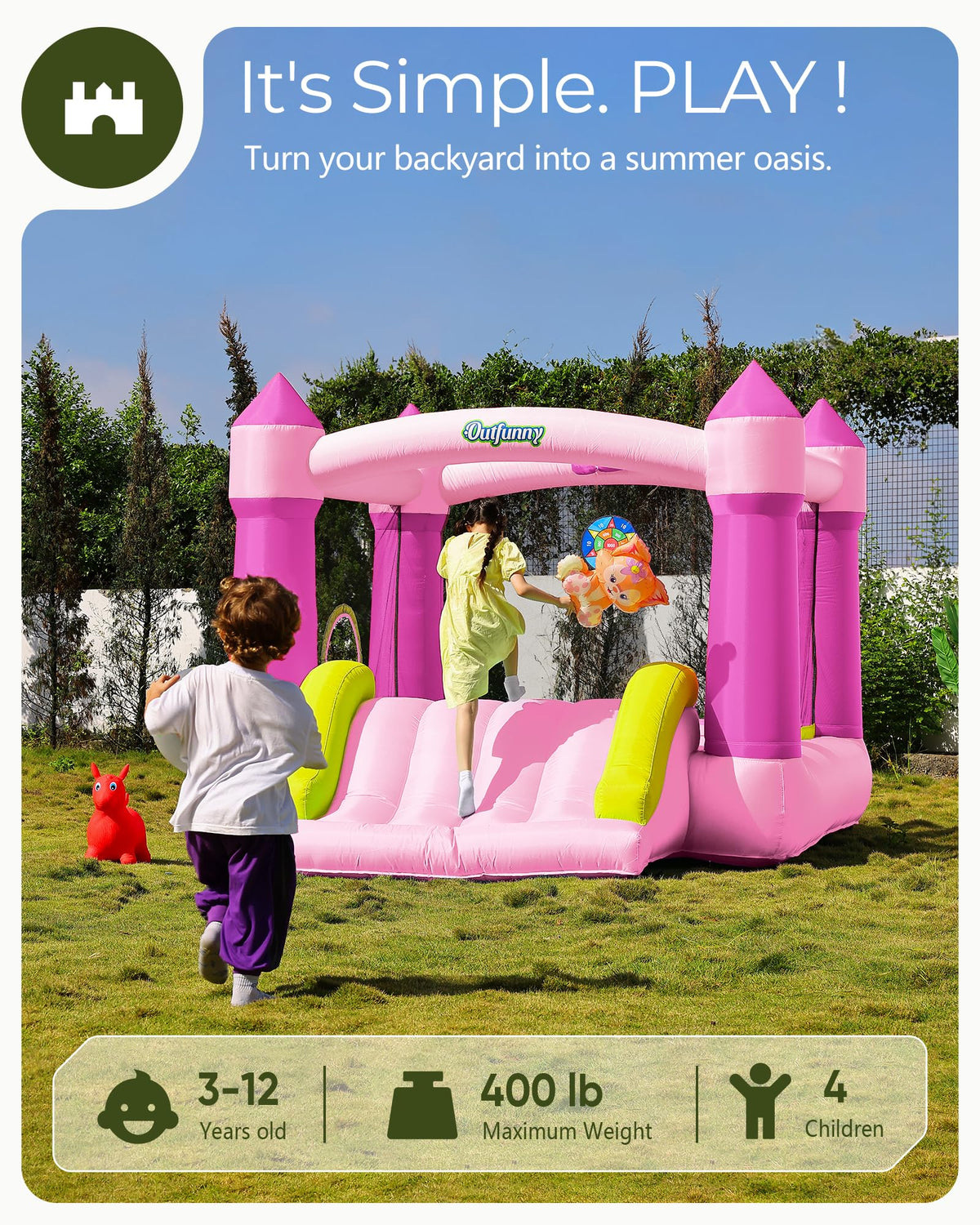 Outfunny Bounce House with Slide, Inflatable Bouncy House for Kids 3-12, Outdoor&Indoor, Bounce Area 8'x8', Capacity 400 lb - Pink