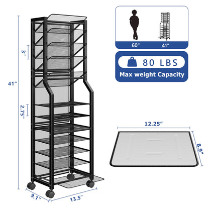 Simple Trending 12 Tier Rolling File Cart, Desk File Organizer with Sliding Trays and Metal Mesh Paper Letter Storage Multi Functional Rolling Clutter Cart for Office, Home, School, Black