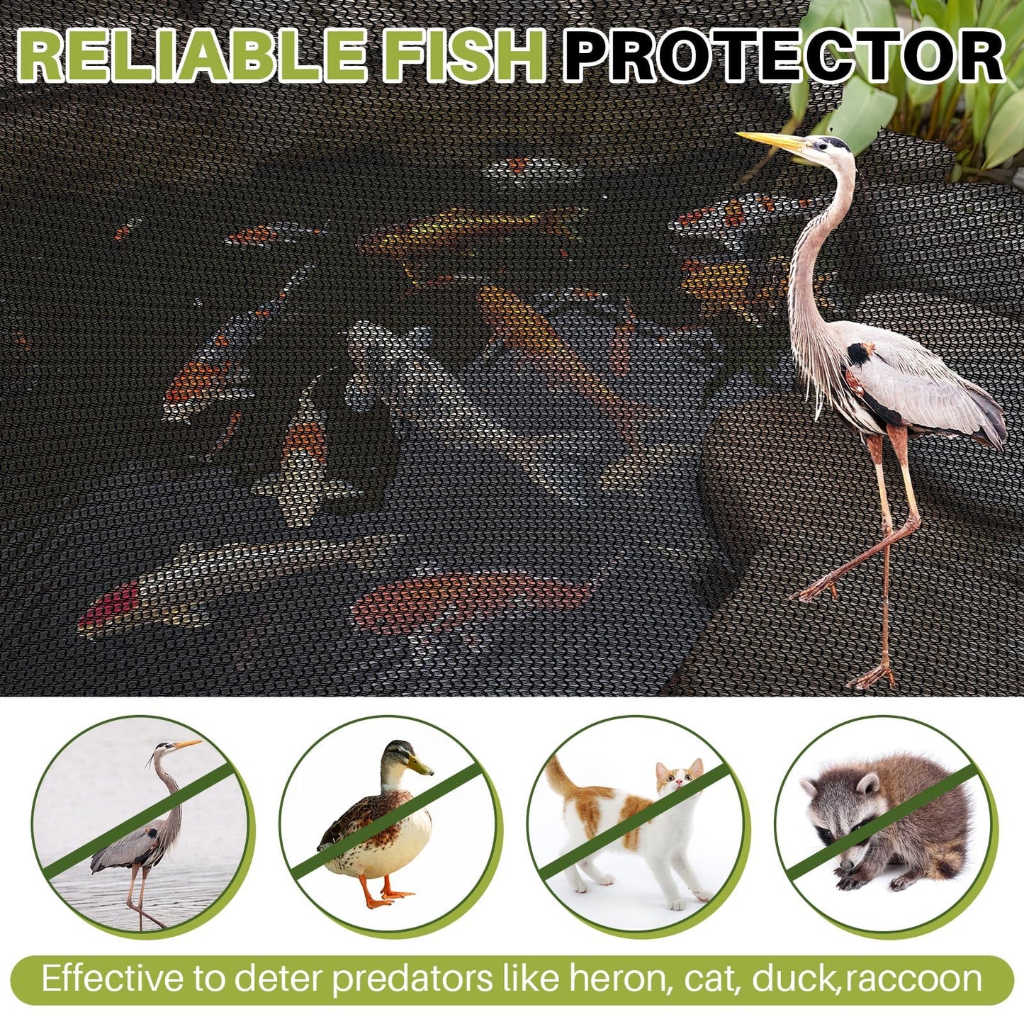 Yoojahow Koi Pond Netting Kit 19.7x30ft, Heavy-Duty Pe, Bird Deer Fence Netting, Durable Net Cover for Leaves, Protect Fish from Blue Heron Bird, Cats & Predators, Stakes & Ties Included