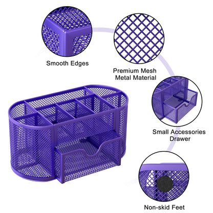 EasyPAG Mesh Pen Holder Desk Organizer with Drawer Stationery Supplies Organizer for Dorm School 9 Compartments Workspace Desk Accessories Organization for Office, Purple