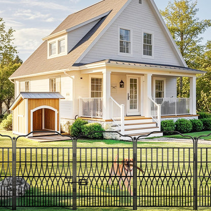 Bepatio 5 Panels Tall Garden Fence with Latch, 43.3in (H) x 14.8ft (L) Dog Fence Outdoor for Yard, Arc Metal Fencing Panels, Animal Barrier Fencing for Outdoor, Patio, Flower Bed