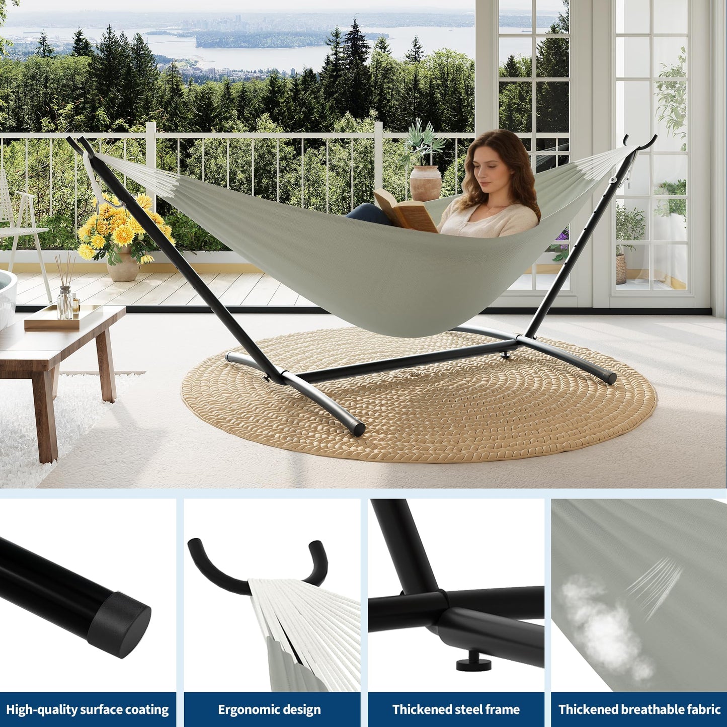 Garvee 2 Person Hammocks with Stand for Outside, Double Hammocks Portable Space Saving Heavy-Duty Steel Stand for Indoor Outdoor Patio with Carrying Bag, 450 lbs Capacity