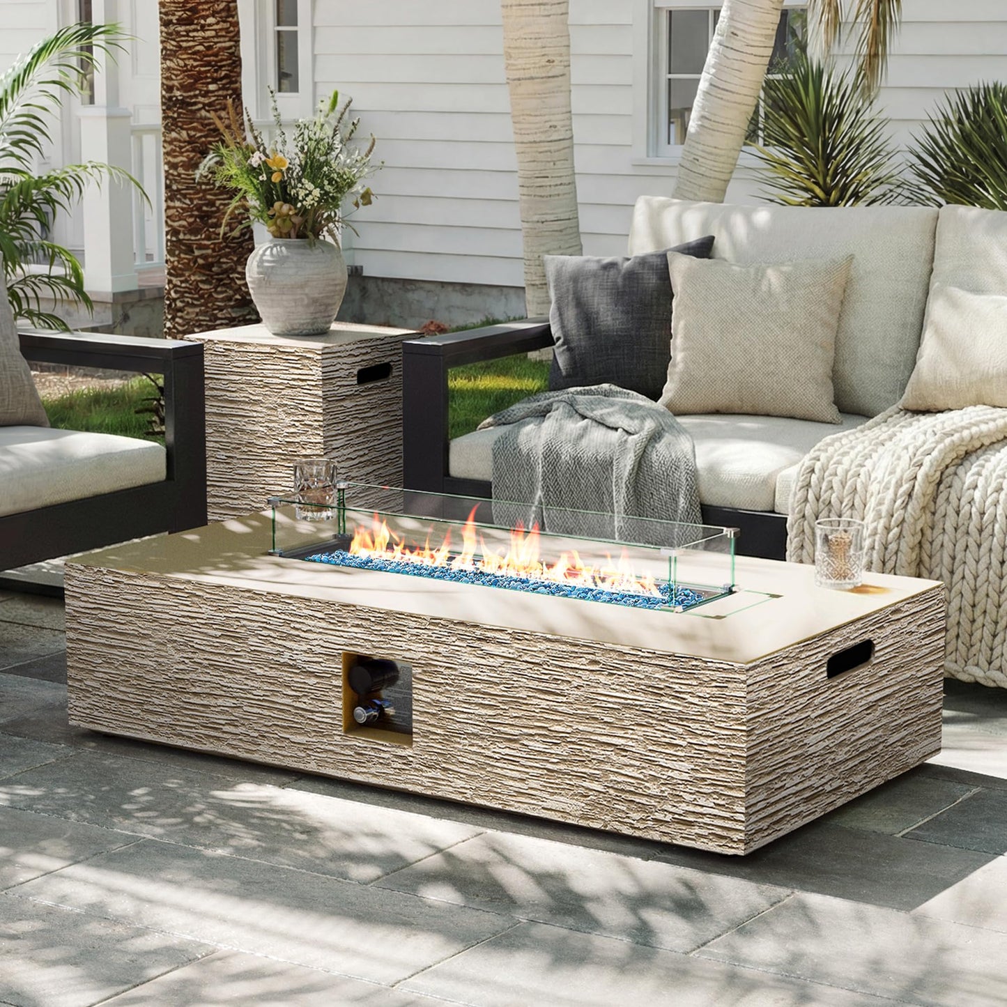UPHA 56-inch Outdoor Propane Gas Fire Pit Table 50000 BTU Concrete Rectangle FirePit for Outside Patio with Propane Tank Cover, Wind Guad, Blue Glass Rocks, Rain Cover, Beige