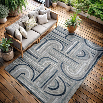 CAMILSON Indoor Outdoor Rug, Blue 5x7 Geometric Arch Striped Area Rugs for Patio and Home Areas, Easy-Cleaning Non-Shedding Living Room, Garden and Deck Washable Outside Carpet (5 x 7)