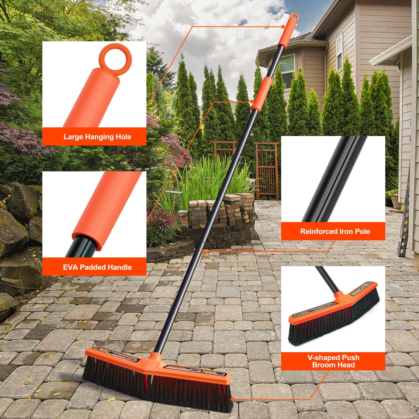 JEHONN Push Broom Outdoor Heavy Duty, 15.7 inches V-Shaped Stiff Bristle Commercial Industrial Brush with 61” Long Handle for Garage Warehouse Shop Garden Patio Driveway Yard Street Deck (Orange)