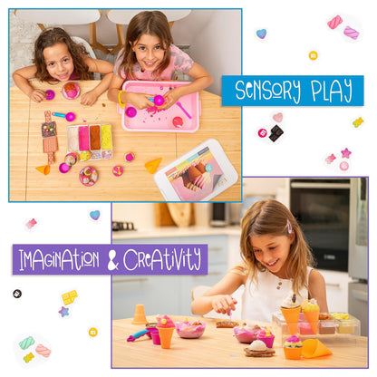 Kipipol Sensory bin - 29 pcs Ice Cream Toy Shop Play Sand Kit with 9 Ice Cream Sand Toys, 1.7 LB Moon Sand for Kids, Sandbox with A Lid - Pretend Play Sensory Toys for Girls and Boys Age 3-5 and Up