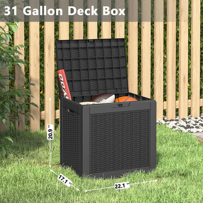 LHBGO 31 Gallon Deck Box, Resin Outdoor Storage Box, Waterproof and UV Resistant Deck Box, Lightweight Storage Box for Garden Tools, Pool Supplies
