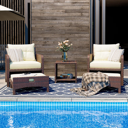 PATIOPIA 5 Piece Patio Furniture Set, All-Weather Patio Furniture with Soft Cushions, PE Wicker Patio Sofa Set with Coffee Table and Ottoman, for Outdoor, Porch, and Balcony (Beige-Brown)