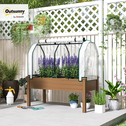 Outsunny Raised Garden Bed with PE Greenhouse Cover Outdoor Elevated Wood Planter Box for Herbs and Vegetables, Use for Patio, Backyard, Balcony, 48 x 22 x 46 inch, Brown