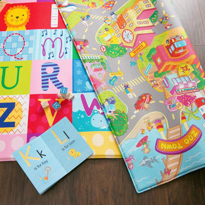 Baby Care Play Mat (Medium, Playful - Zoo Town) 73’’ x 49’’ Original One-Piece Reversible Rollable Waterproof Play Mat for Infants, Babies, Toddler, and Kids