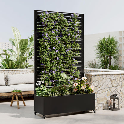 Beuiosda Metal Planter Box with Trellis Privacy Screen, Raised Garden Bed with 4 Wheels, Privacy Planters for Patio, Planter Box with Drainage Holes for Climbing Plants, Vegetables (Rectangle)