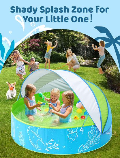 Hikiddy Foldable Kiddie Pool with Canopy: 31.5in/ 47in /63in for Baby Toddler Kids Family - Summer Water Play Pool with Shade - Portable for Outdoor Backyard Beach (Blue-Green, 47in)