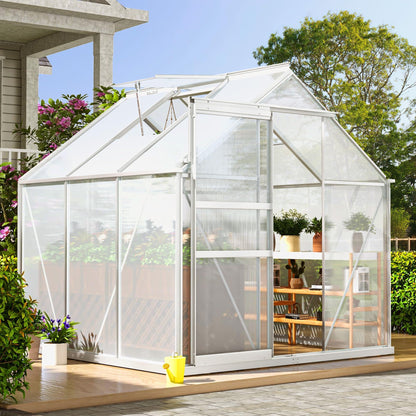 DWVO 6x6FT Polycarbonate Greenhouse for Outdoors, Large Heavy Duty Aluminum Greenhouses with Sliding Doors and Vent Window, Walk-in Greenhouse Large Sun House for Garden Backyard, Silver
