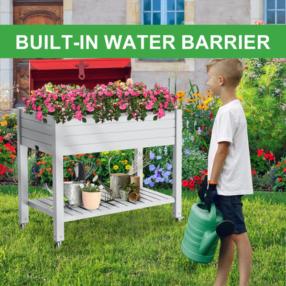 PatioZen Raised Garden Bed with Legs, 33.66" Tall Self-Watering Resin Planter Box with Lockable Wheels Drainage Plug and Gauge for Vegetables, Flowers, Storage Shelf for Tools and Accessories (Ashen)