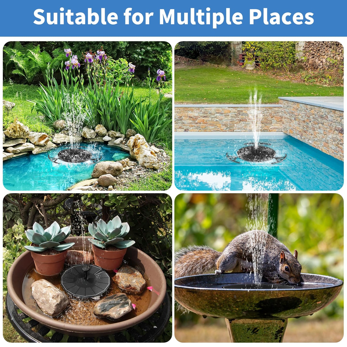 Pleneal 2W Solar Fountain Pump - Upgraded Solar Fountain for Bird Bath with 6 Nozzles, Outdoor solar Water Pump for Garden, Pond, Pool
