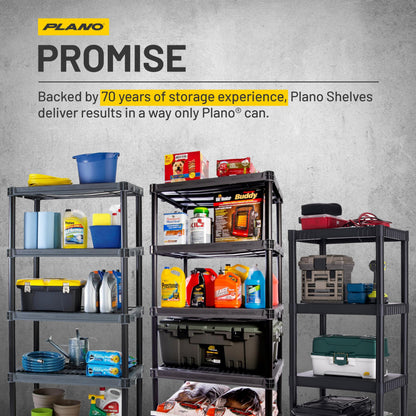 Plano 4-Shelf Plastic Storage Shelves, 48” x 23” x 14”, 200lb Capacity, Pantry, Office, Closet and Garage Shelves, Easy to Assemble, Durable Plastic Shelving Unit