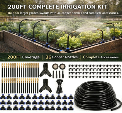 Automatic Garden Irrigation System 200ft, Upgraded Drip & Spray Watering Kit with 36 Adjustable Copper Nozzles for Raised Beds, Outdoor Garden, Lawn, Potted Plants & Greenhouse (200ft)