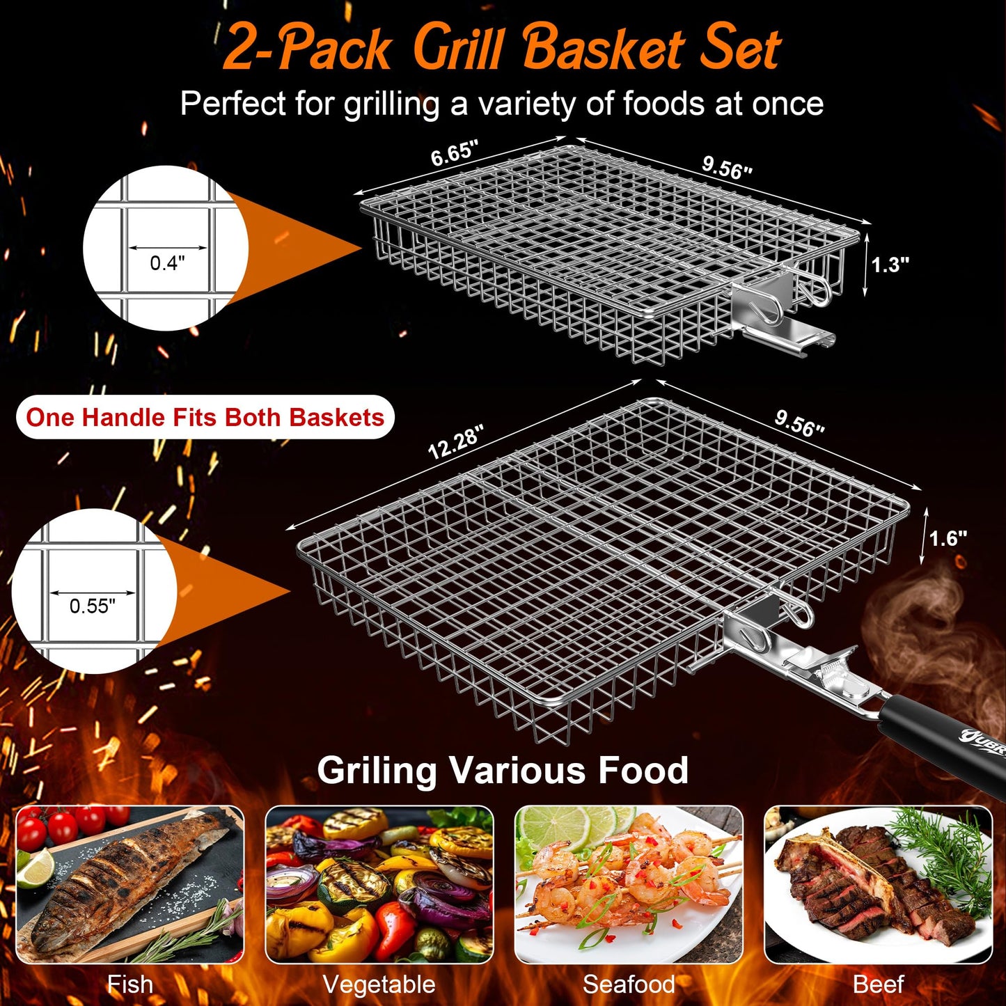 Grill Baskets for Outdoor Grill, 2PCS BBQ Grilling Basket with Removable Wooden Handle, Stainless Steel Camping Cooking Grill Accessories for Meat Fish Vegetable Seafood, Gifts for Men Dad Husband