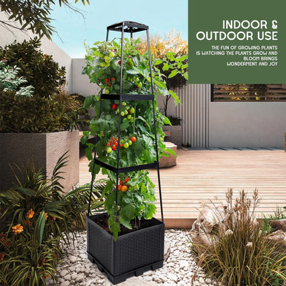 GENMOUS 3 Tiered Tomato Planter with Trellis for Small Climbing Vegetables Growing Plants, 45” Raised Garden Bed Planter Box Tomato Cage Tomato Planters for Patio Indoor Outdoor Vegetables （1 Pack）