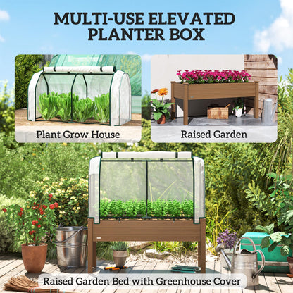 Outsunny Raised Garden Bed with PE Greenhouse Cover Outdoor Elevated Wood Planter Box for Herbs and Vegetables, Use for Patio, Backyard, Balcony, 48 x 22 x 46 inch, Brown