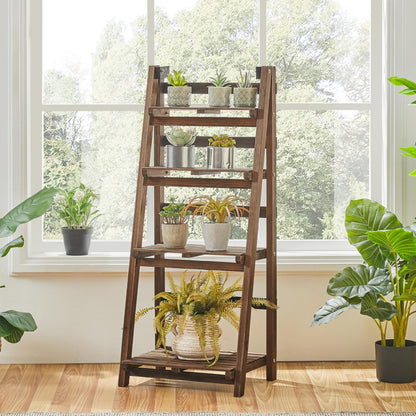 Yaheetech Wooden Foldable Ladder Shelf 4-Tier Magazine Holder Book Rack Plant Stand Folding Flower Display Pot Decorative Storage Free Standing Indoors/Outdoors Rustic No Assembly Required Brown