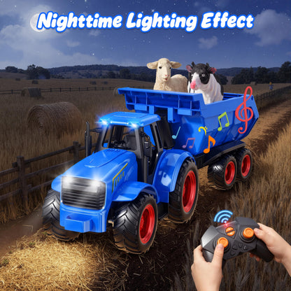 Funwee RC Tractor Toy Set with Light & Sound, Kids Farm Car Animal Trailer Wheels Remote Truck, Outdoor Vehicle Toys for 3-7+ Years Old Toddler Boy and Girl Gift(Blue)