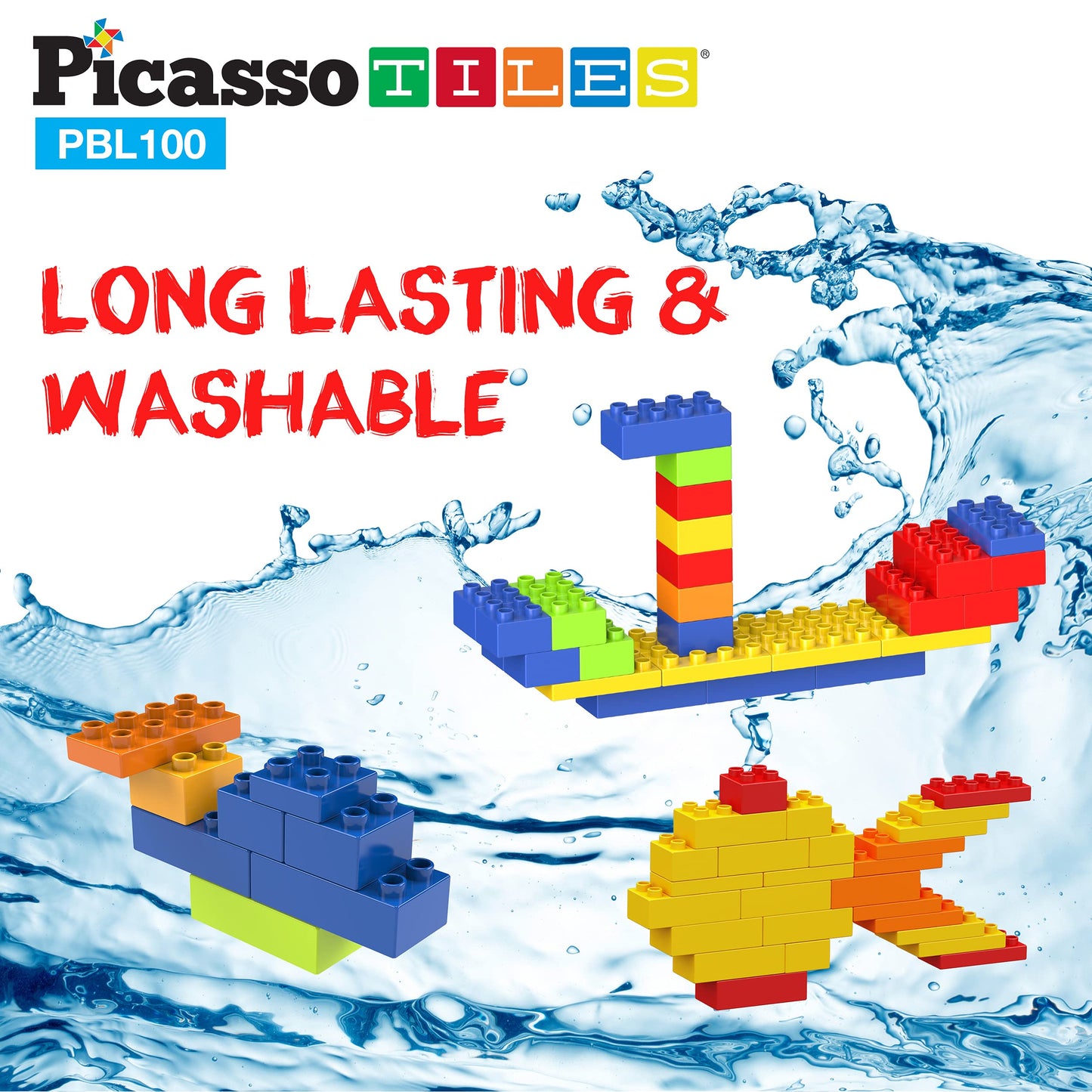 PicassoTiles 100 Piece Large Construction Brick Building Blocks STEM Bricks Toy Set Creative Learning Early Education Playset 5 Colors 4 Unique Shapes Mix & Match Toys for Kids Boys Girls Child Age 3+