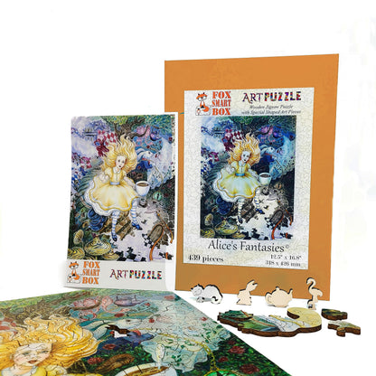 Wooden Jigsaw Puzzle for Adults - Uniquely Shaped Pieces - Made in USA by FoxSmartBox - 439 Pieces - Alice's Fantasies
