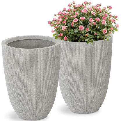 Ultym 19" Tall Beige Fluted Planters for Indoor & Outdoor, Set of 2 Large Mediterranean-Style Resin Flower Pots with Drainage Holes, UV & Weather Resistant for Patio Porch Home Office Decor