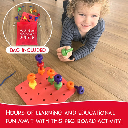 LMC Products Foam Peg Board Toy - 36 Pegs, Foam Board, Lacing String, Storage Bag - Occupational Therapy Toys - Fine Motor Skills Toys for Toddlers and Kids (Red)