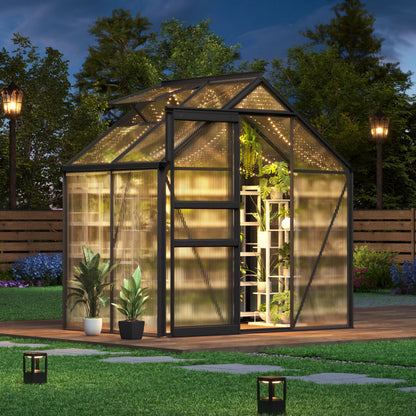 GarveeHome 6x4 FT Walk-in Polycarbonate Greenhouse - Heavy Duty Aluminum Frame with Base Kit, 4mm Double-Wall UV Protected Panels, 5-Position Adjustable Roof Vent & Sliding Door, Winter Plant House