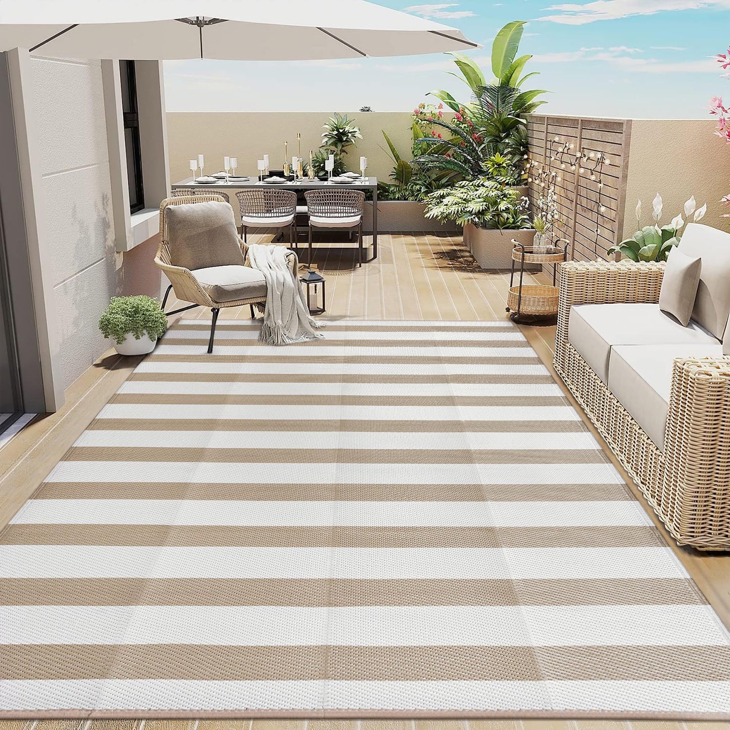PureCozy Outdoor Waterproof Patio Rug 9x12 Plastic Straw Reversible Lightweight Outside Beige Striped Large Carpet Outdoor for Camping RV Porch Deck Balcony Beach