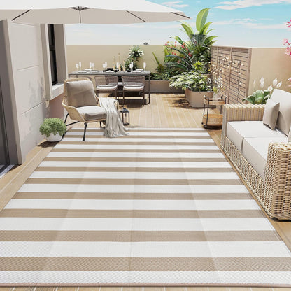 PureCozy Outdoor Waterproof Patio Rug 9x12 Plastic Straw Reversible Lightweight Outside Beige Striped Large Carpet Outdoor for Camping RV Porch Deck Balcony Beach