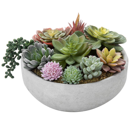 MyGift 8 Inch Round Modern Artificial Succulent Arrangement Potted in Gray Concrete Plant Bowl, Assorted Faux Mini Succulents in a Decorative Planter Pot