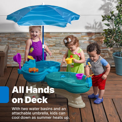 Step 2 Spill & Splash Seaway Water Table for Kids, Two-Tier Outdoor Kids Water Sensory Table with Umbrella, Ages 1.5+ Years Old, 11 Piece Water Toy Accessories