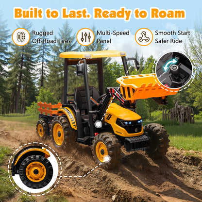 Albott 24V Ride on Tractor for Kids with Trailer & Front Loader, 3-in-1 Electric Construction Vehicle, Dual Motors, All-Terrain Wheels, LED Lights, Outdoor Gift for Boys Girls Ages 3-8 (Yellow)