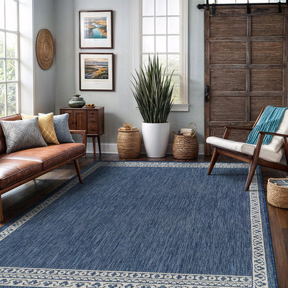 Washable Outdoor Rug 6x9 Modern Area Rugs Outdoor Carpets Bordered Pattern Non Shedding Waterproof Easy Clean Patio Deck Porch Living Room Bedroom Garden RV (6 X 9 Blue)