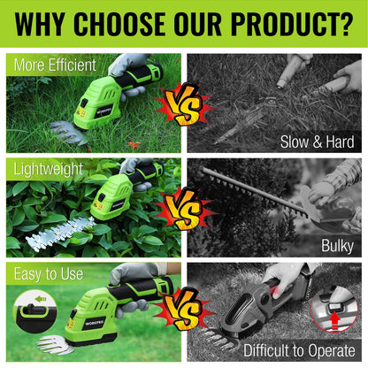 WORKPRO 12V Cordless Grass Shear & Shrubbery Trimmer - 2 in 1 Handheld Hedge Trimmer, Electric Grass Cutter with 2.0Ah Rechargeable Lithium-Ion Battery & 1 Hour Fast Charger