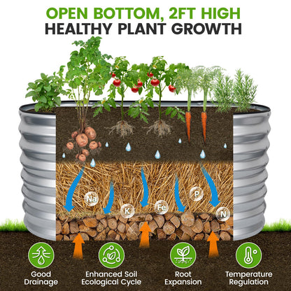 VIREO GARDEN Galvanized Raised Garden Bed Outdoor 24'' Deep | Oval Metal Garden Beds with Easy Assembly & Planter Box for Planting Deep Root Vegetables Fruits Flowers, 4x2x2ft Silver